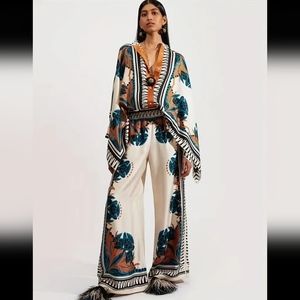 Floral Wide-Leg Satin Jumpsuit in Cream and Teal